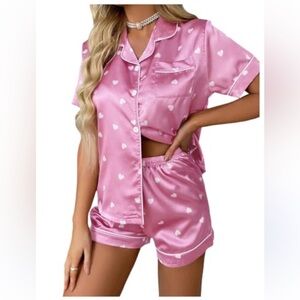 Charming Pink Satin Heart Pajama Set